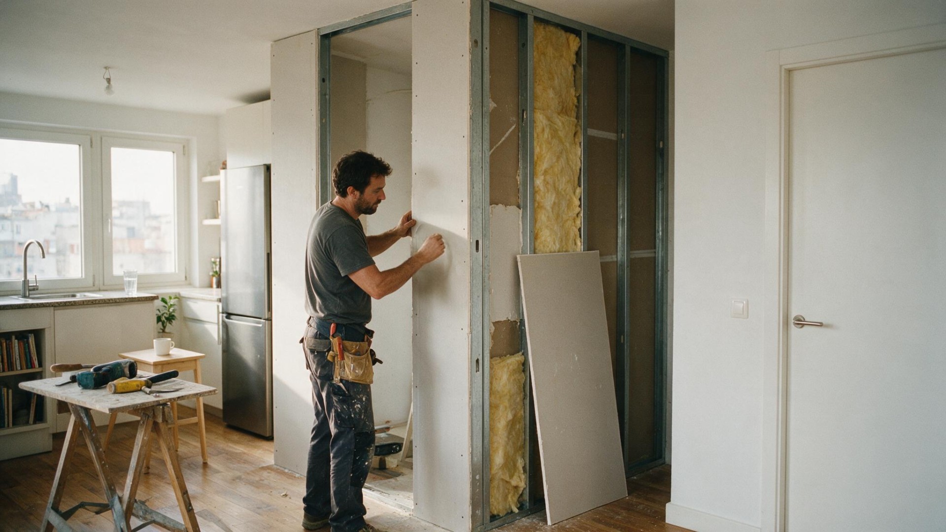 Trabajador instalando panel de yeso en pared con estructura metálica y aislamiento amarillo visible en interior de vivienda luminosa