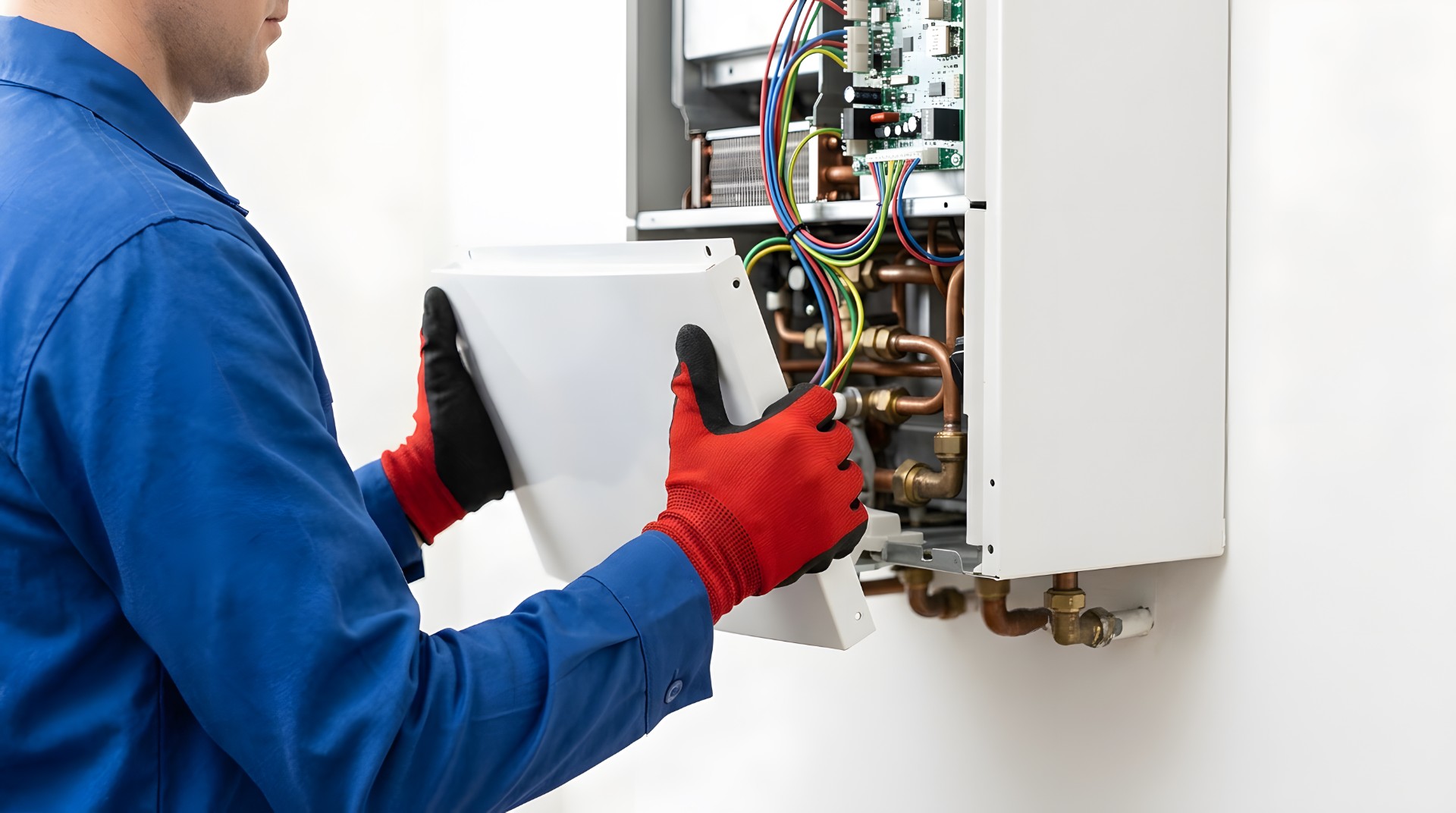 Técnico con uniforme azul y guantes rojos instala caldera de gas mostrando interior con tuberías de cobre y cableado