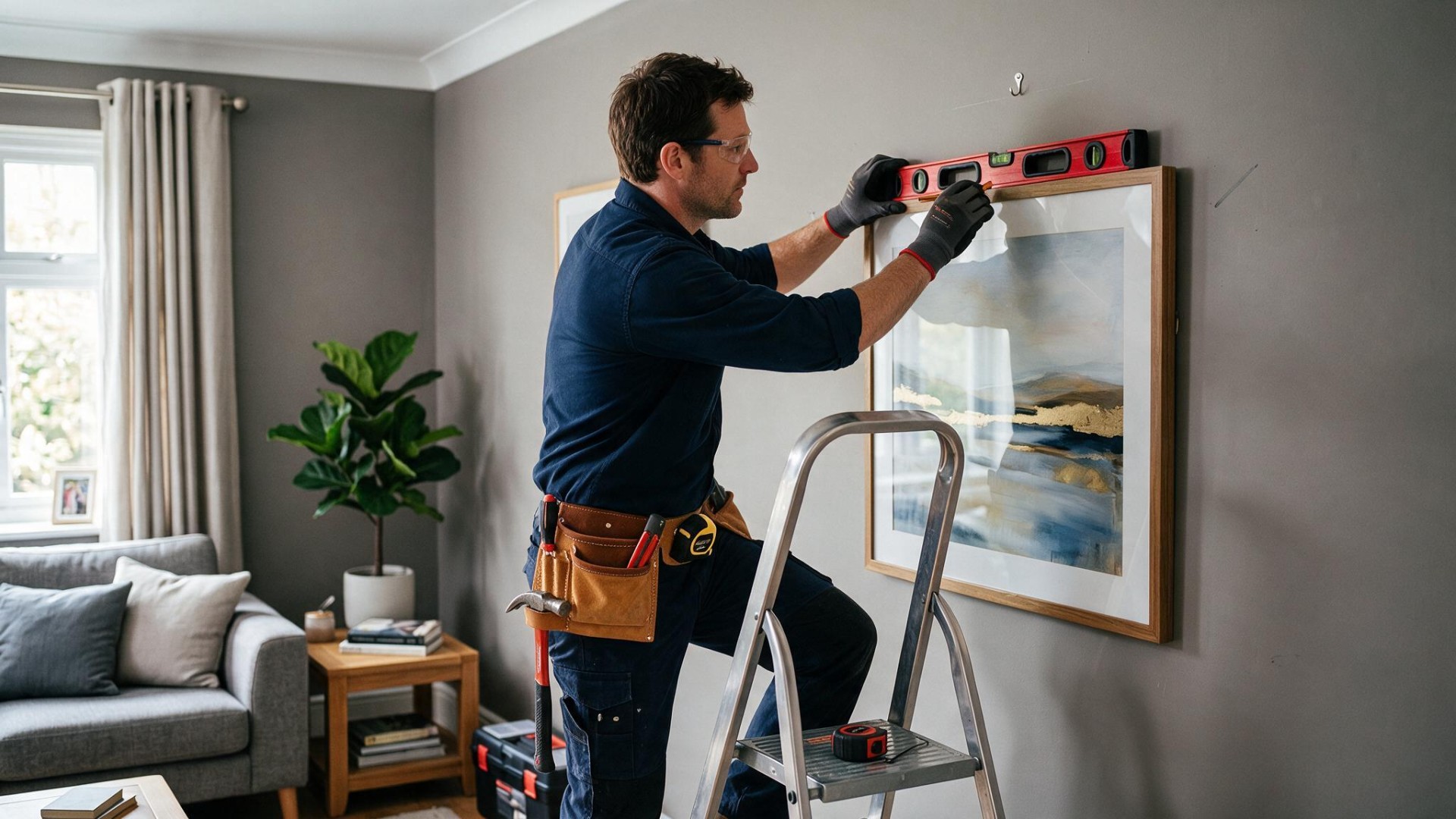 Hombre con cinturón de herramientas usa nivel rojo para colgar cuadro en pared gris de salón moderno con sofá y planta.