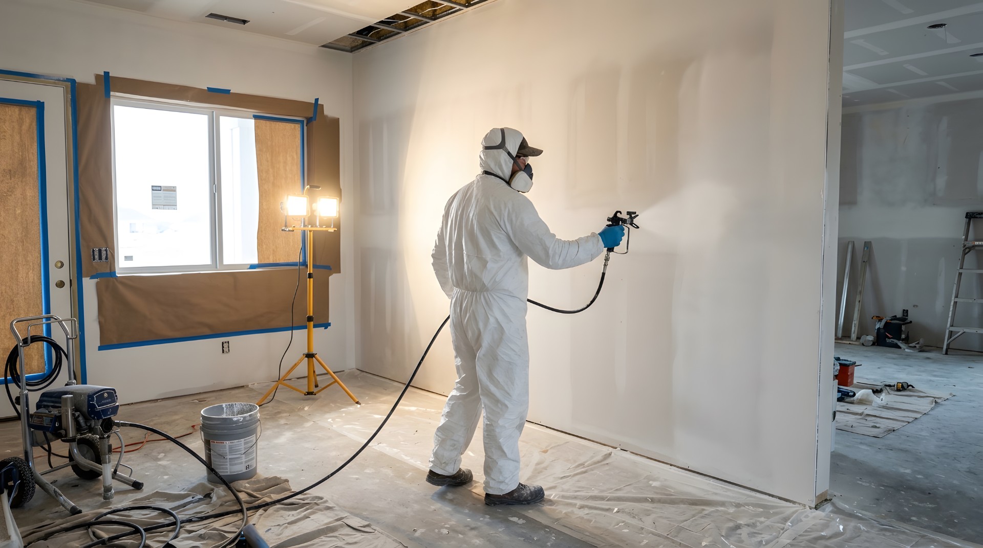 Profesional con traje de protección blanco y mascarilla aplicando pintura en pared con pistola pulverizadora en habitación en obras