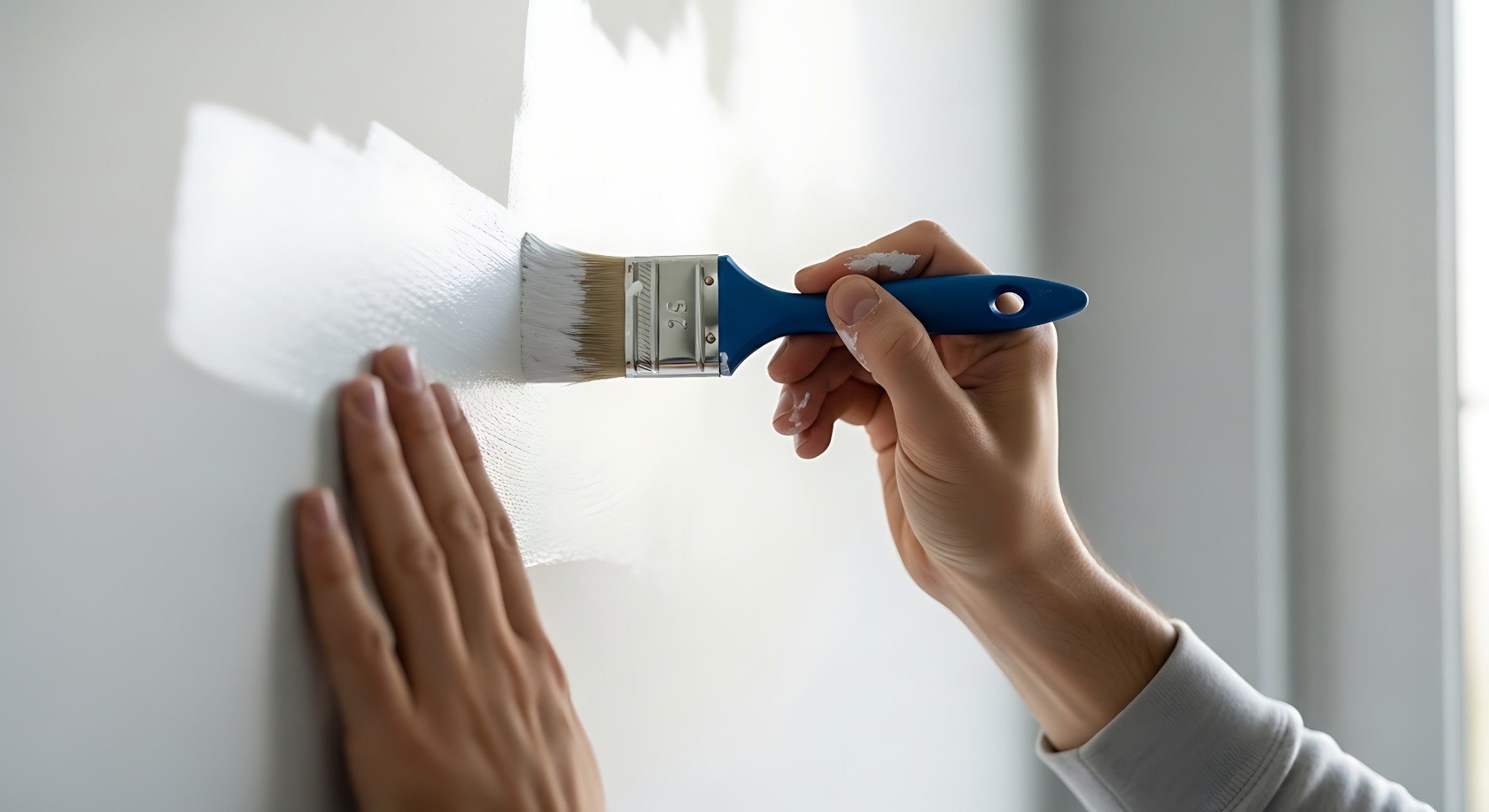 Persona pintando pared blanca con brocha de mango azul, aplicando pintura en trazos horizontales con mano izquierda apoyada.