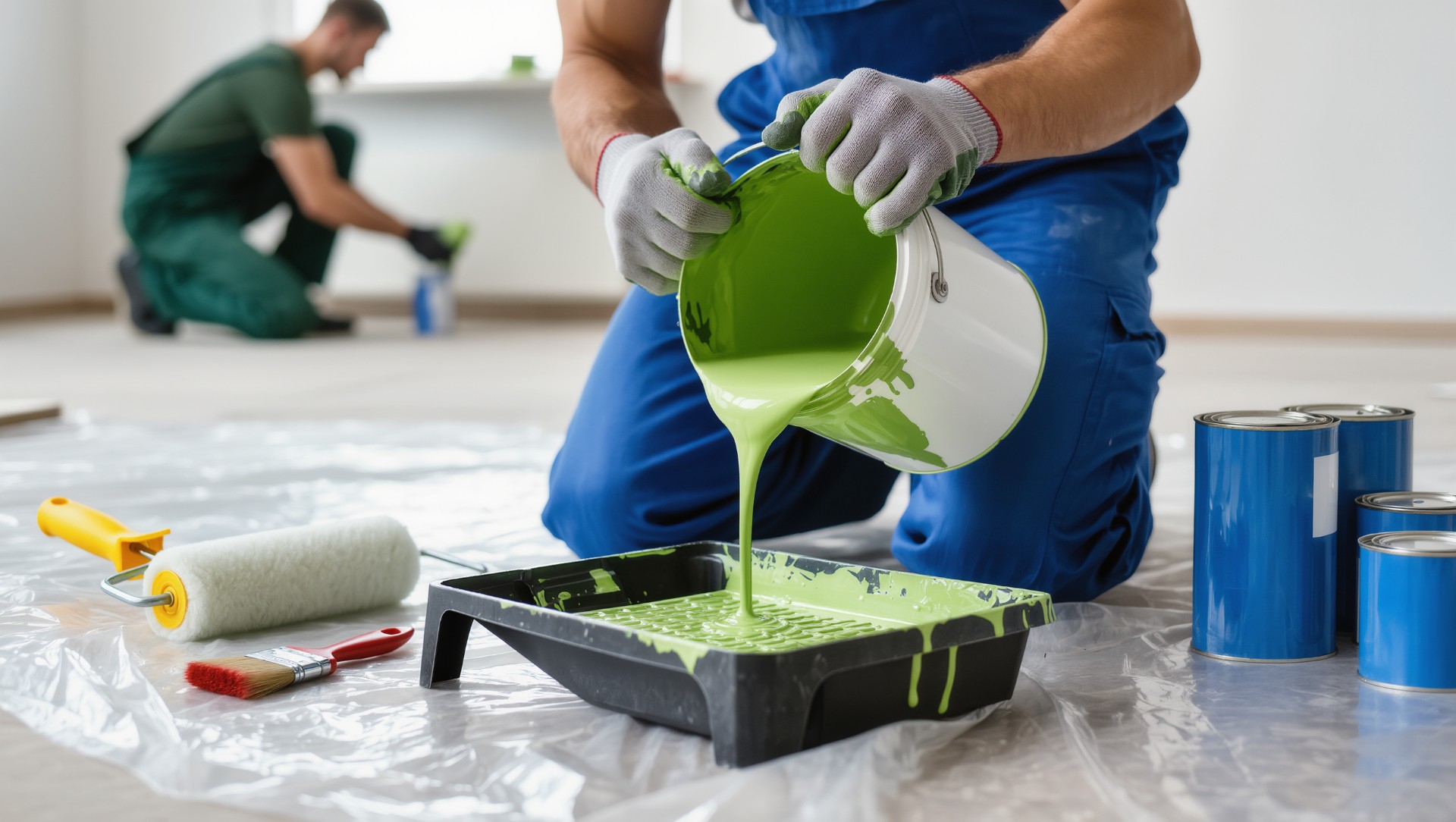 Persona con guantes vertiendo pintura verde brillante de una cubeta blanca a una bandeja negra para rodillo, con herramientas de pintura