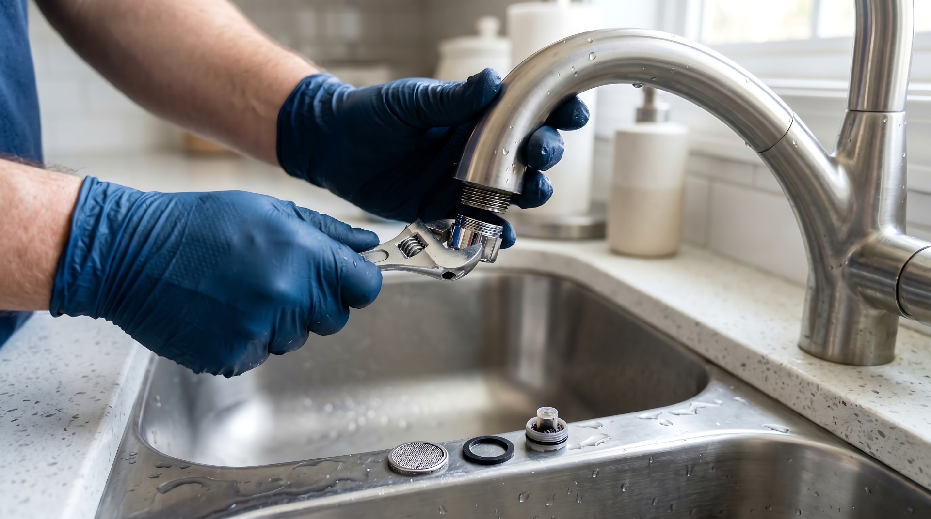Manos con guantes azules usando llave inglesa para reparar grifo de cocina plateado, con piezas desmontadas sobre encimera