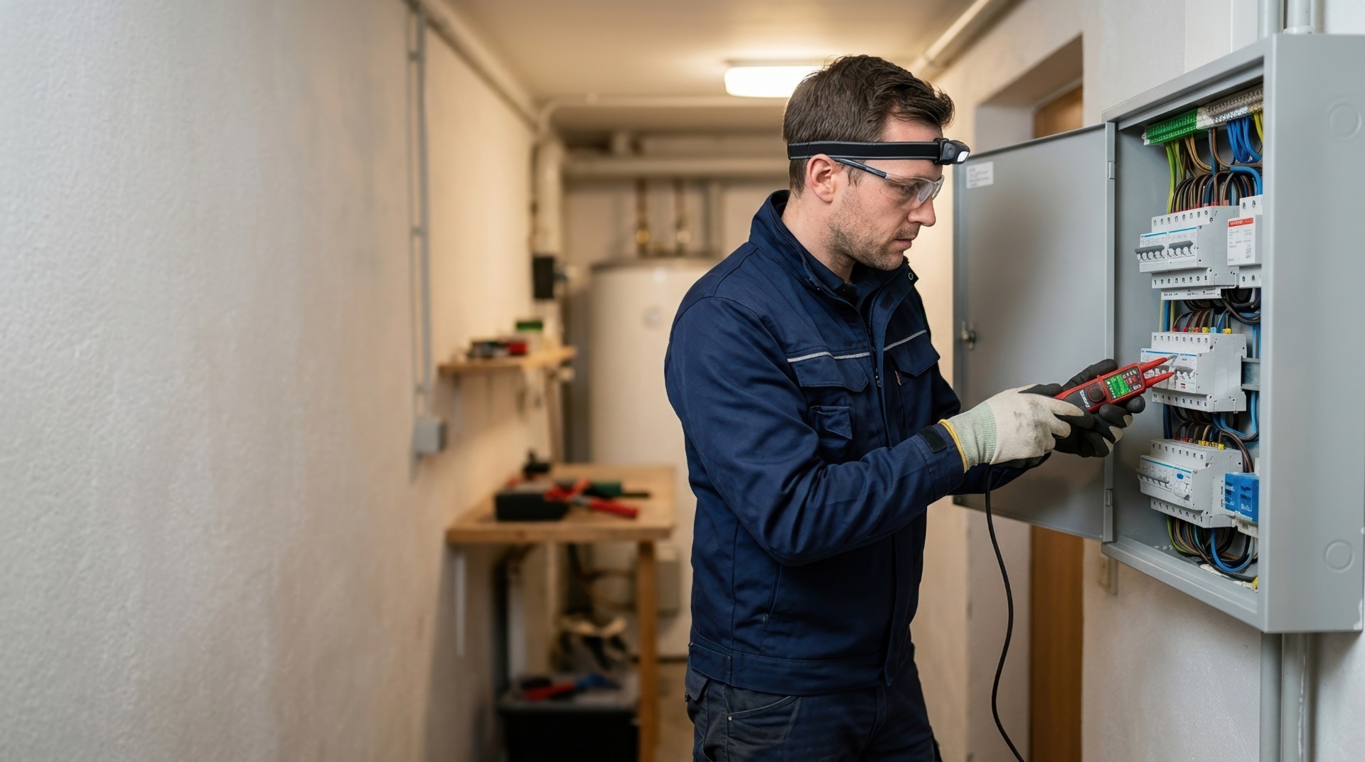 Electricista con uniforme azul y gafas de protección trabajando en un cuadro eléctrico abierto con cables de colores