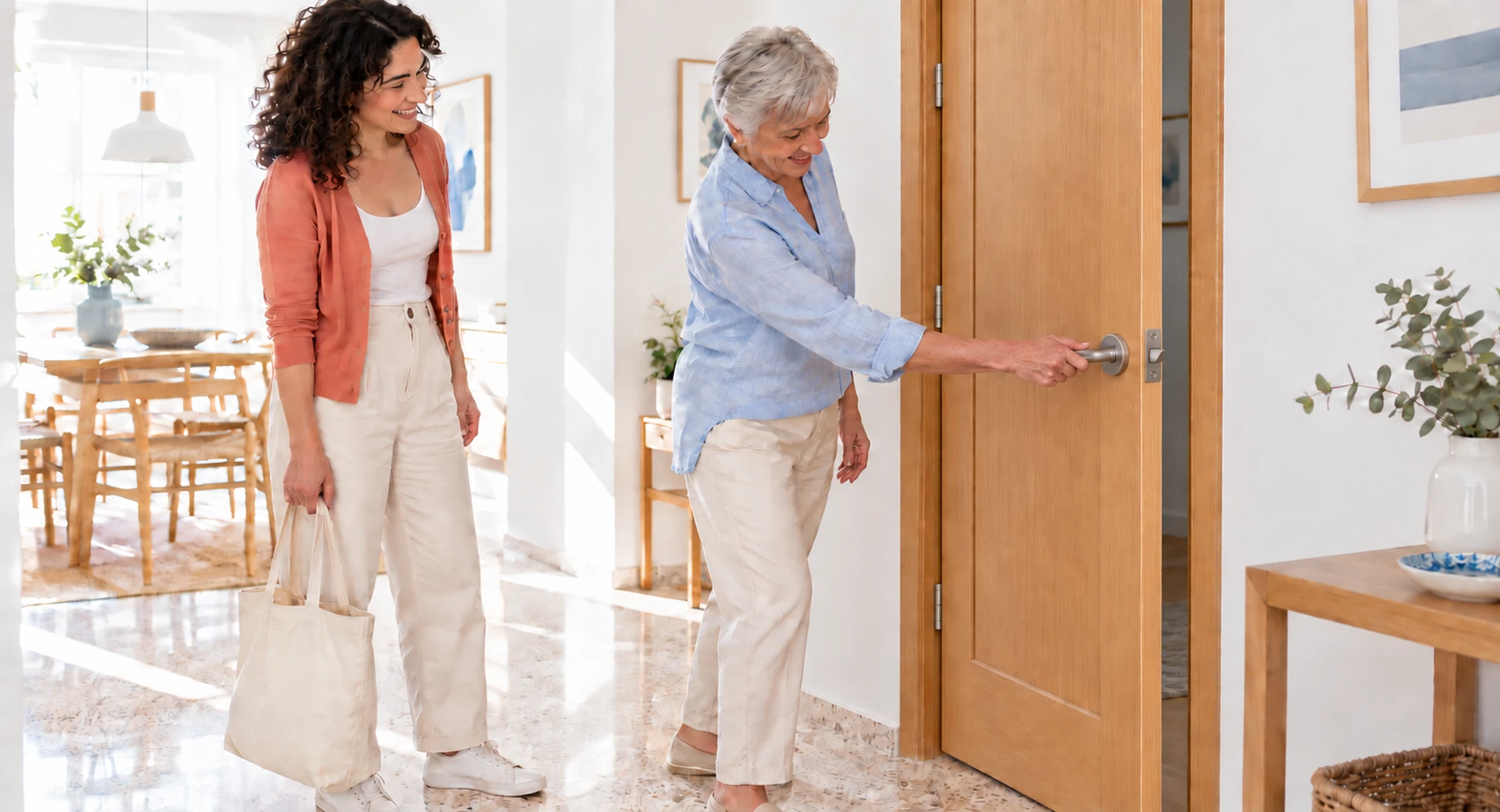 Mujer de pelo canoso acciona la manilla de una puerta de madera mientras otra mujer observa.