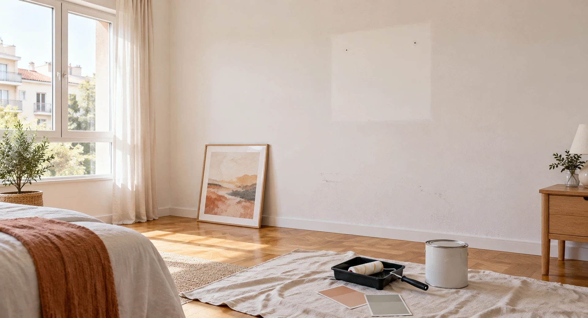 Habitación con marcas en la pared, un cuadro apoyado en el suelo y un rodillo sobre una tela protectora.