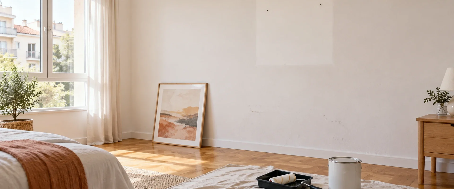 Habitación con marcas en la pared, un cuadro apoyado en el suelo y un rodillo sobre una tela protectora.